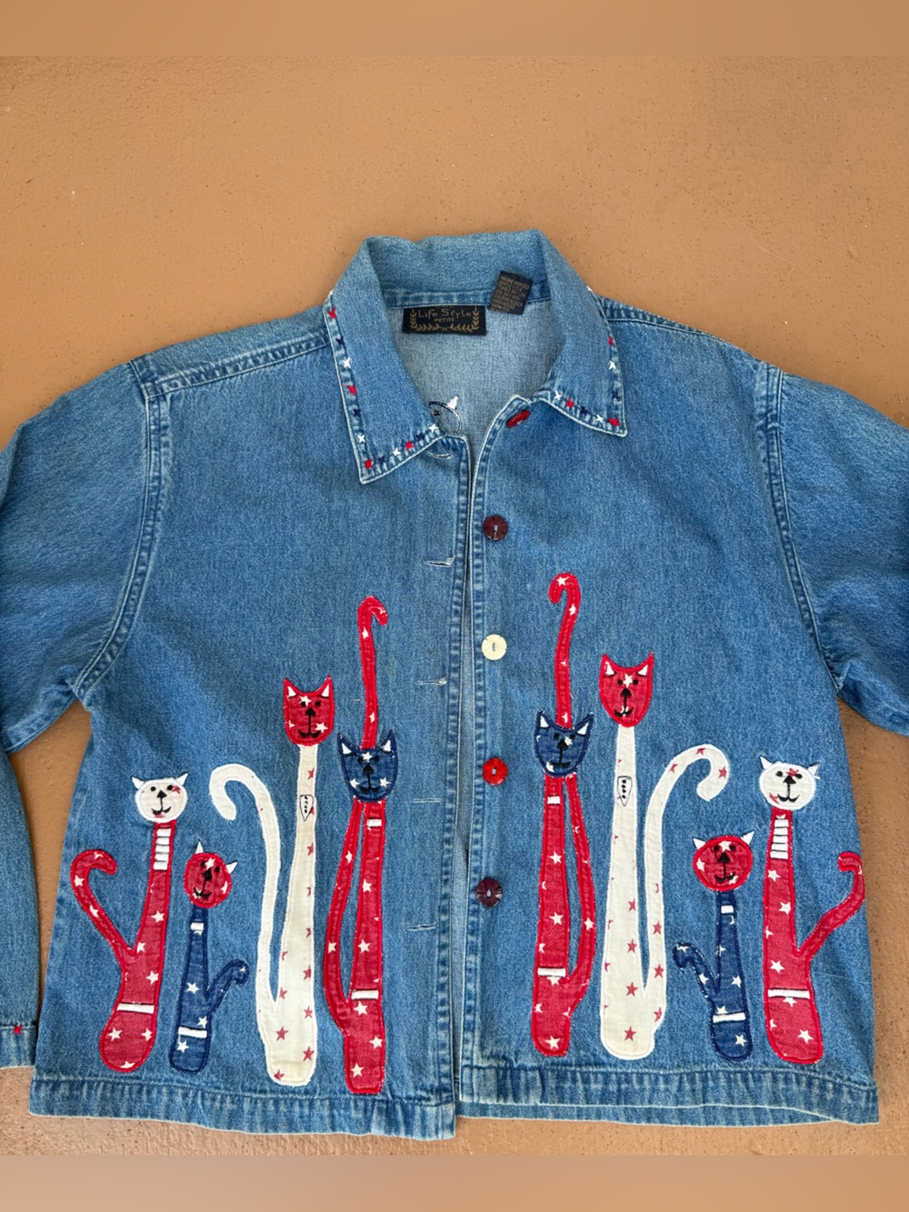 Embroidered Cat Patch Denim Jacket - Blue with Red & White Accents